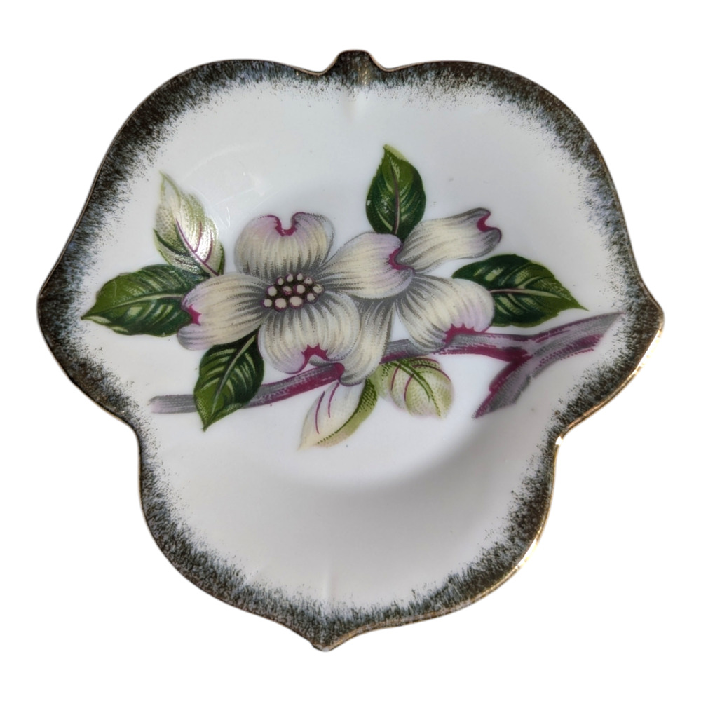 Lugene's Hand Painted Dogwood Lotus Shaped Trinket Dish Porcelain Japan Vintage